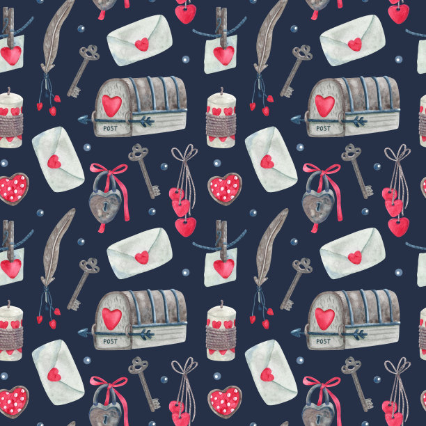 水彩复古无缝图案与复古风格的情人节装饰。图片下载