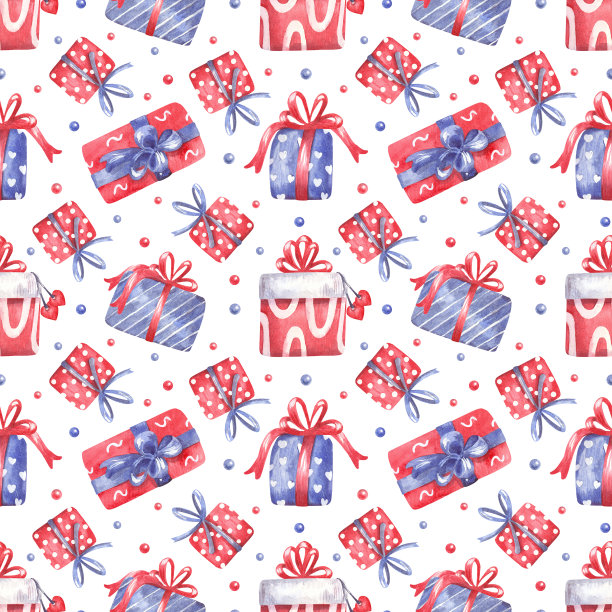 水彩无缝图案与礼品盒装饰蝴蝶结丝带上的白色。图片下载