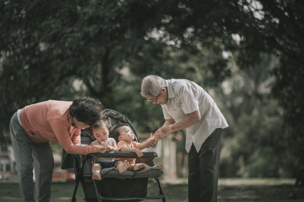 早上，亚洲华人爷爷奶奶和他们的双胞胎孙子在公园里亲热图片下载