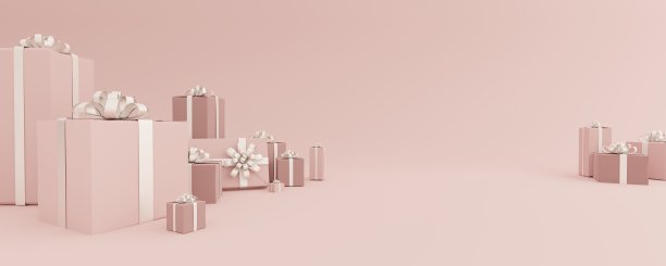 粉红柔和的色彩全景背景视图与礼物，复制空间，许多礼物收集从侧面，圣诞礼品卡，婚礼，生日，宝宝送礼活动图片下载