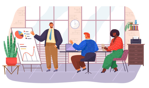 男员工用条形图和饼状图指向板。男人和女人都使用电子设备。办公室工作人员图片下载