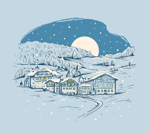冬季乡村景观。素描手绘矢量插图与一个村庄的房子在山上，夜空与月亮和雪。手绘插图图片下载