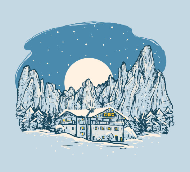 冬季乡村浪漫的风景。手绘矢量图与房子，岩石与月亮和雪夜空。手绘插图在蓝色。图片下载