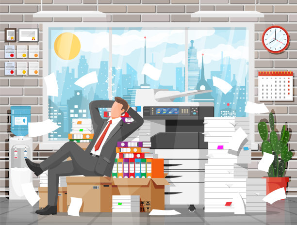 商人角色睡在一堆纸上。图片下载