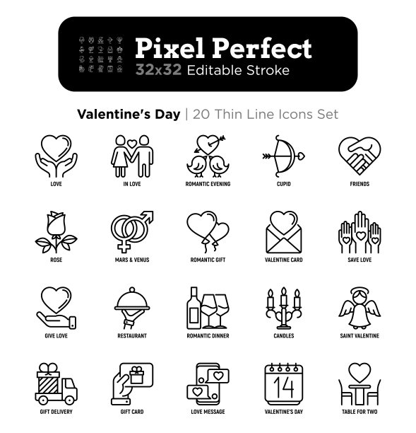 情人节瘦线图标集:礼物递送，相爱的夫妇，浪漫的夜晚，丘比特弓，气球，信封，礼品卡，蜡烛，爱的信息。像素完美，可编辑的笔触。矢量插图。图片下载
