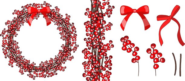 矢量花环和无缝边界与传统的象征新年和圣诞节孤立白色。手绘矢量插图。图片下载