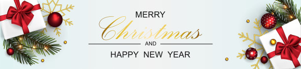 横向的新年或圣诞节横幅在浅色。祝贺。有红色蝴蝶结的礼盒，冷杉树枝，圣诞球，金色雪花和花环，圣诞灯笼图片下载