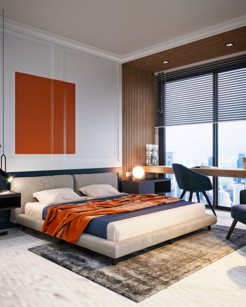 现代酒店房间的3d渲染图片下载