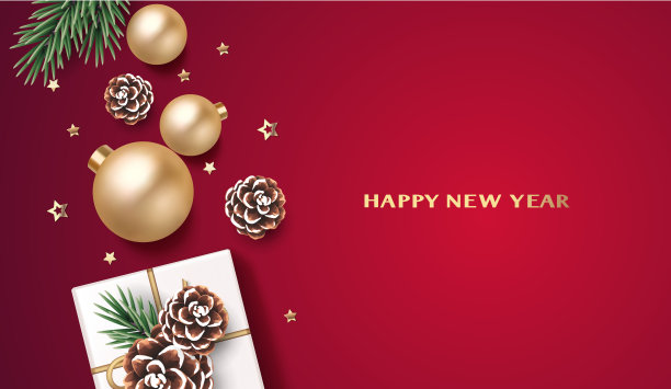 新年和圣诞节设计模板。圣诞背景上装饰有金球、金星彩纸、冷杉枝、松果和红色礼盒。图片下载