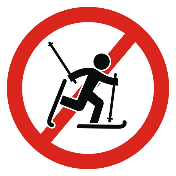禁止滑雪，黑色剪影的滑雪者在红色框架，向量图片下载