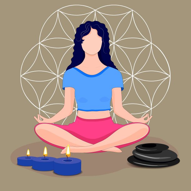 一个女人以莲花的姿势冥想。概念插图瑜伽，冥想，放松，放松，健康的生活方式。花的生活。蜡烛,火。石头。向量图片下载