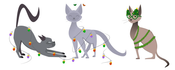 为新年和圣诞节画一个猫的角色。圣诞猫被花环缠绕。矢量图图片下载