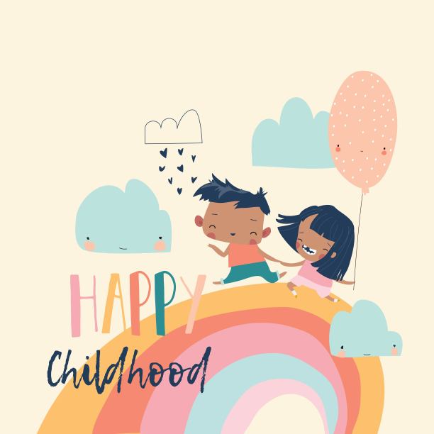 快乐的孩子们用气球在彩虹上奔跑图片下载