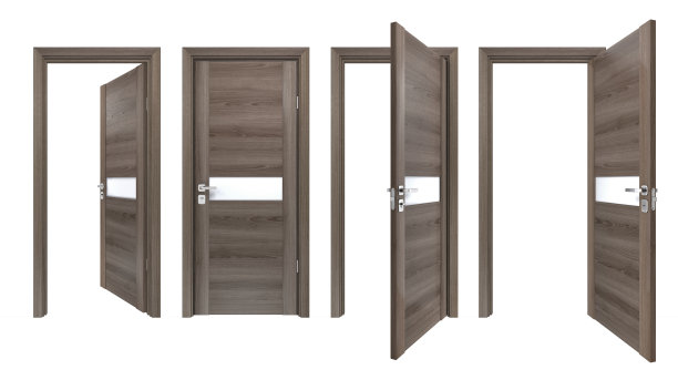现代套灰色橡木木门与哑光玻璃条纹，孤立在白色。简约现代风格的棕色室内入口为极简主义风格的住宅室内设计图片下载