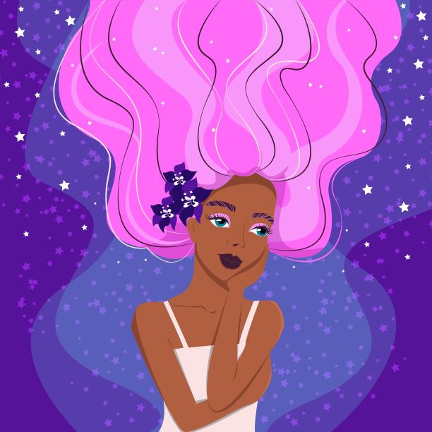 奇妙的女孩与粉红色波浪的头发在星空的背景，粉红色的阴影在眼睑，花在她的头发，梦幻的女士，矢量插图在平坦的风格。图片下载