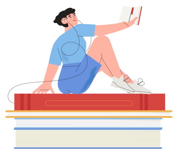 矢量插图的女人坐在一堆书和阅读。图书流通，市场或电子书在线图书馆。世界扫盲或阅读日。图片下载
