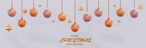 喜庆圣诞庆祝挂球闪亮的红色和金色，装饰3d渲染场景全景头部，在孤立的白色背景，圣诞假期和新年快乐，贺卡球集图片下载