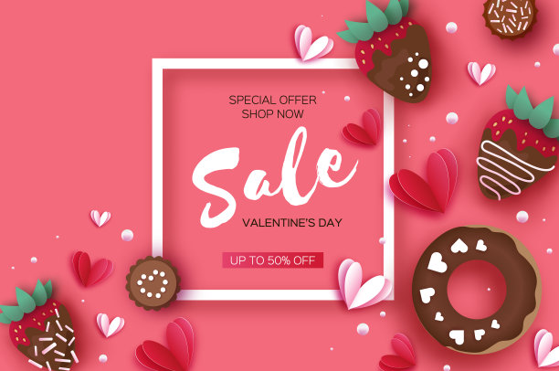 喜欢草莓和巧克力，甜甜圈。情人节贺卡。心形剪纸风格。甜点，巧克力糖。幸福浪漫的假期。空间的文本。2月14日。粉红色的。方形框架。图片下载