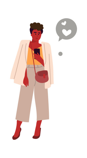 用手机发信息的女人。卡通女性抱持装置。穿着便服的站着的女孩。网上聊天和交流。社交媒体网络中的赞，矢量图图片下载