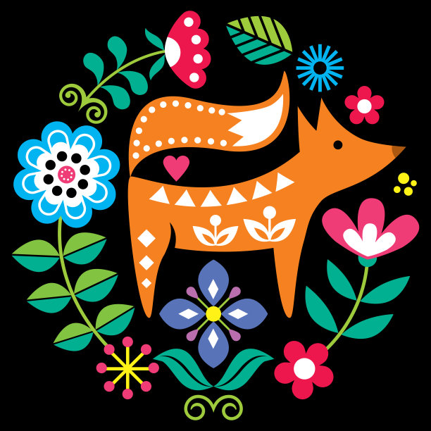 斯堪的纳维亚民间艺术矢量圆形图案与花和狐狸，鲜花贺卡或邀请灵感来自瑞典，挪威和丹麦的传统刺绣在黑色的背景图片下载