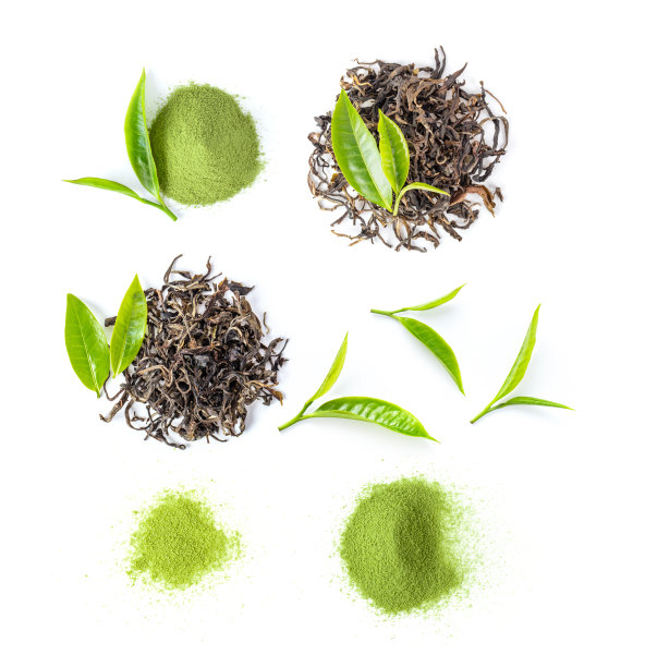 茶叶和抹茶绿茶粉的白色背景。俯视图图片下载
