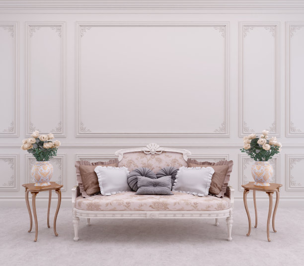 经典风格的客厅内饰。沙发，白色的墙壁上有模具。三维渲染图片下载