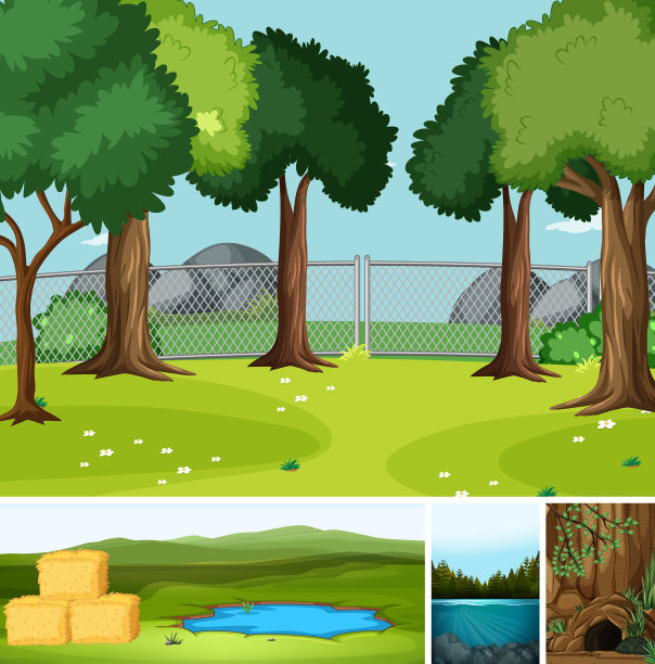 四个不同的场景在自然背景卡通图片下载
