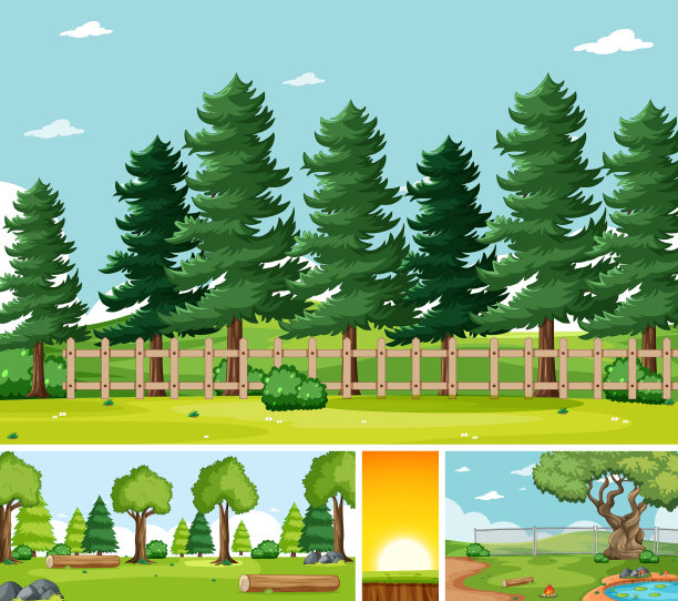 四个不同的场景在自然背景卡通图片下载