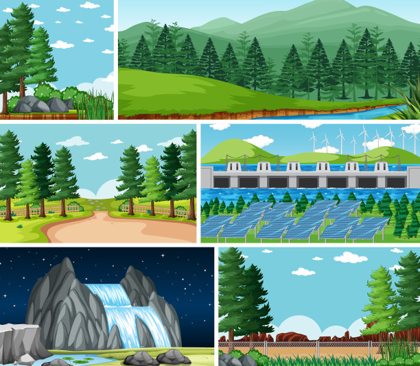 六个不同的场景在自然背景卡通图片下载