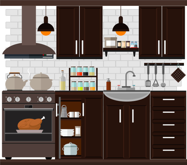 舒适的厨房，家具，食物，盘子和图片下载