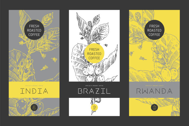 有机咖啡标签模板设计与雕刻风格的咖啡豆分支插图。图片下载