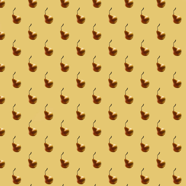 无缝极简的模式，黄梨在黄色的背景。照片拼贴。水果的背景。健康食品,饮食。明信片，印花布，包装纸图片下载