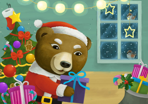 卡通场景与动物圣诞老人熊与礼物圣诞插图图片下载