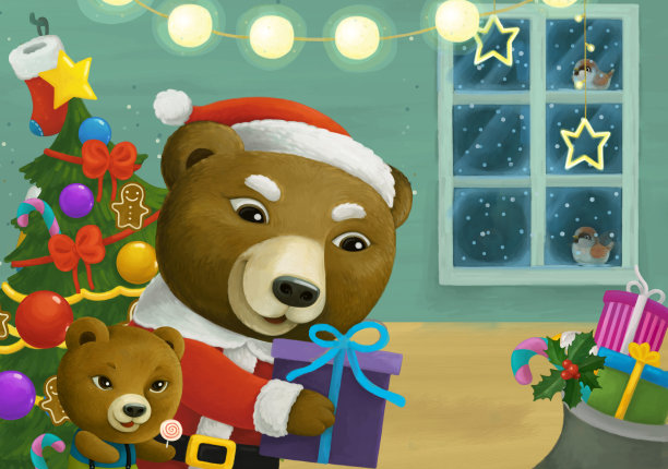 卡通场景与动物圣诞老人熊与礼物圣诞插图图片下载