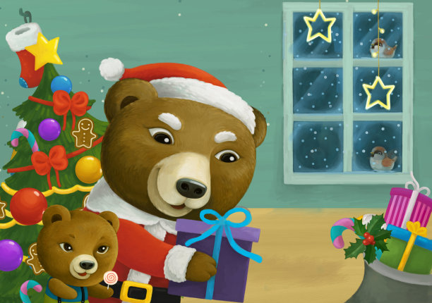 卡通场景与动物圣诞老人熊与礼物圣诞插图图片下载