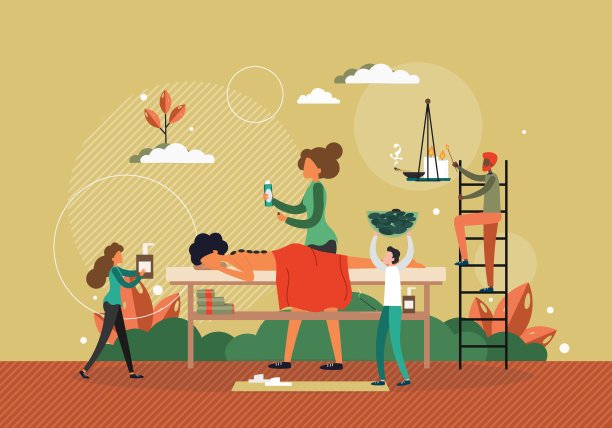 水疗和美容按摩，概念矢量插图。身体按摩师在工作。女人躺在沙发上，享受放松的健康治疗。石按摩图片下载