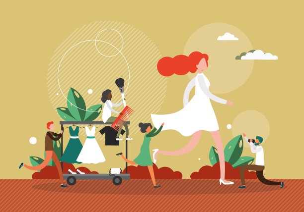 时装秀概念矢量插图。女模特穿着白色长裙走在舞台上。时装秀后台工作。名人走在t台上图片下载