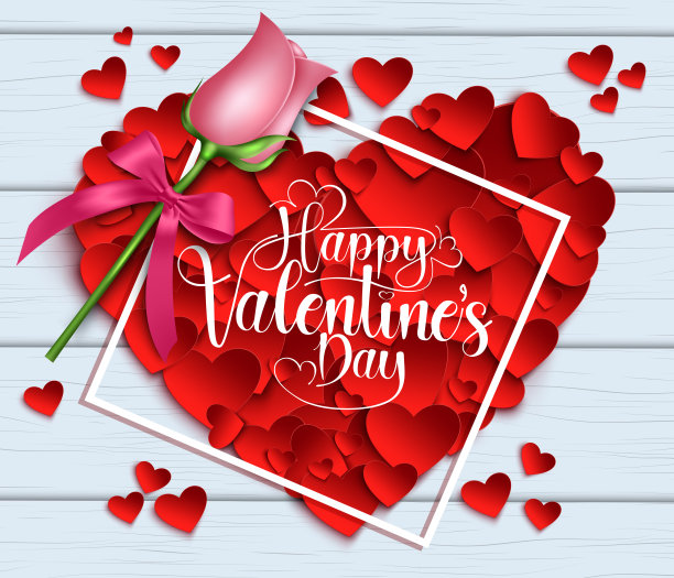 情人心矢量背景设计。情人节快乐文字心形框架和粉色玫瑰元素的情人节装饰设计。图片下载