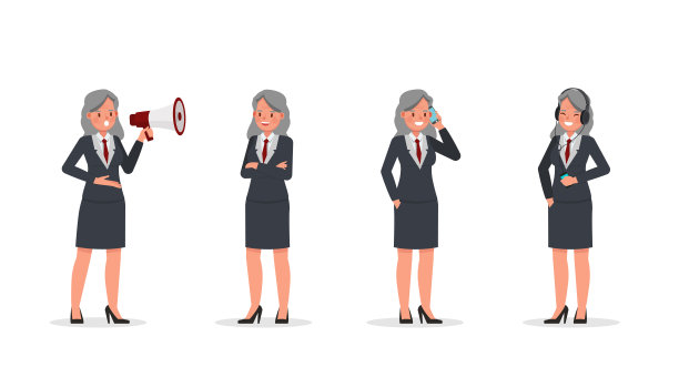 老女商人在办公室工作字符向量设计。在各种动作中的表现。图片下载