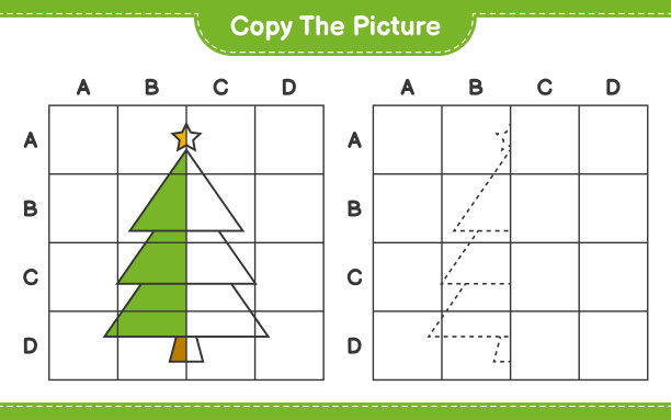 复制图片，用网格线复制圣诞树的图片。教育儿童游戏，可打印的工作表，矢量插图图片下载