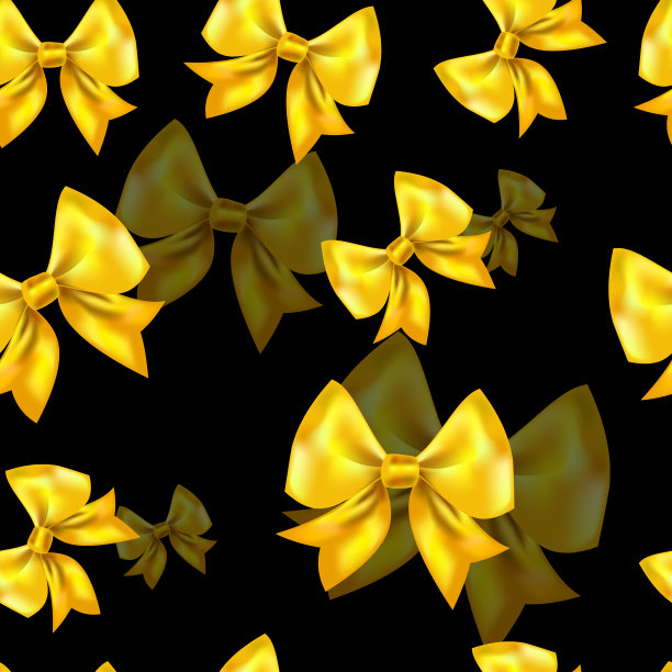 黄金黄色蝴蝶结。无缝背景的节日明亮的蝴蝶结时尚印花，织物为新年和圣诞节。矢量插图。图片下载