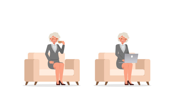 老女商人在办公室工作字符向量设计。在各种动作中的表现。图片下载