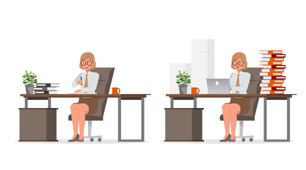 老女商人在办公室工作字符向量设计。在各种动作中的表现。图片下载