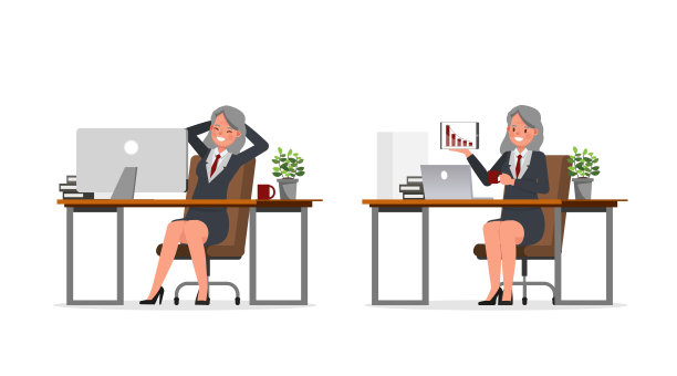 在办公室工作的老商人字符向量设计。各种动作的表现。图片下载