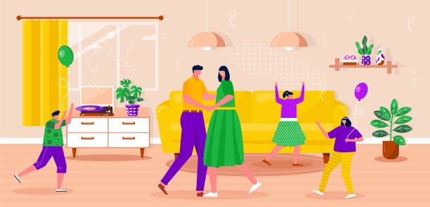 快乐的家庭放松，跳舞，听音乐与黑胶唱片。父母和孩子在一起的时间。丈夫和妻子享受家庭娱乐。矢量平面内部插图图片下载