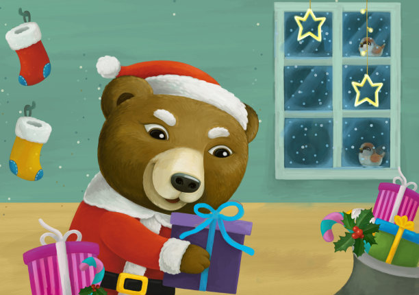 卡通场景与动物圣诞老人熊与礼物圣诞插图图片下载