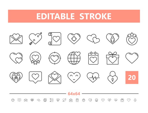 友情和爱情20行图标。直线风格的矢量插图。可编辑的描边，64x64, 256x256，完美像素。图片下载