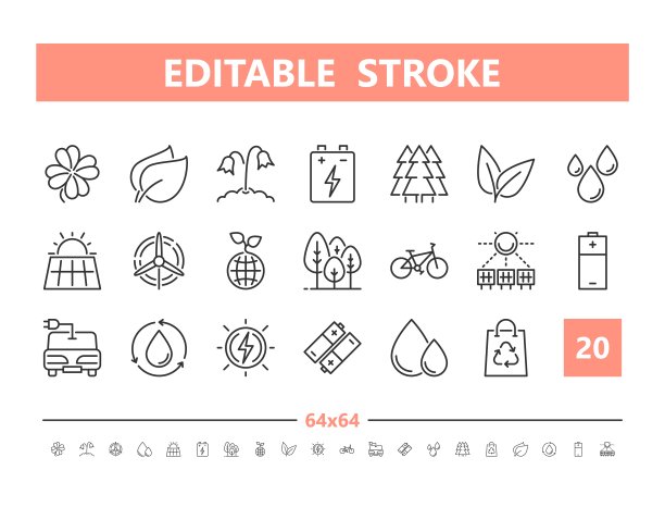 生态20行图标。直线风格的矢量插图。可编辑的描边，64x64, 256x256，完美像素。图片下载