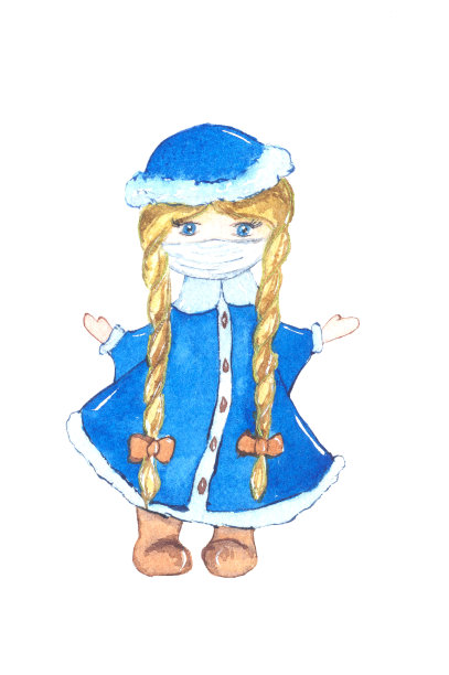 手绘水彩画圣诞雪少女戴医用防护面具。图片下载