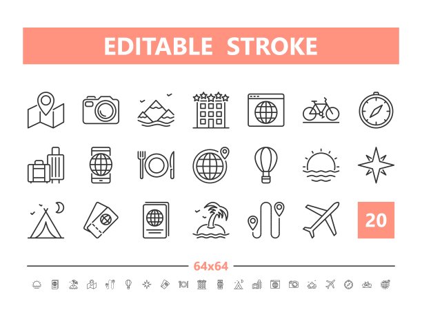 旅游和旅游20行图标。直线风格的矢量插图。可编辑的描边，64x64, 256x256，完美像素。图片下载